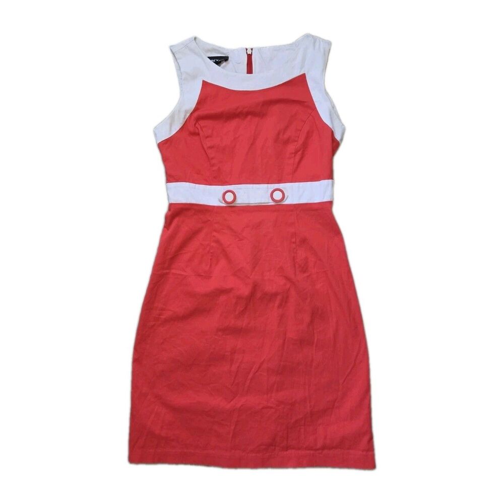 BCX Dress Red White Colorblock Sleeveless Sheath Belted Button Waist Size 5 GUC